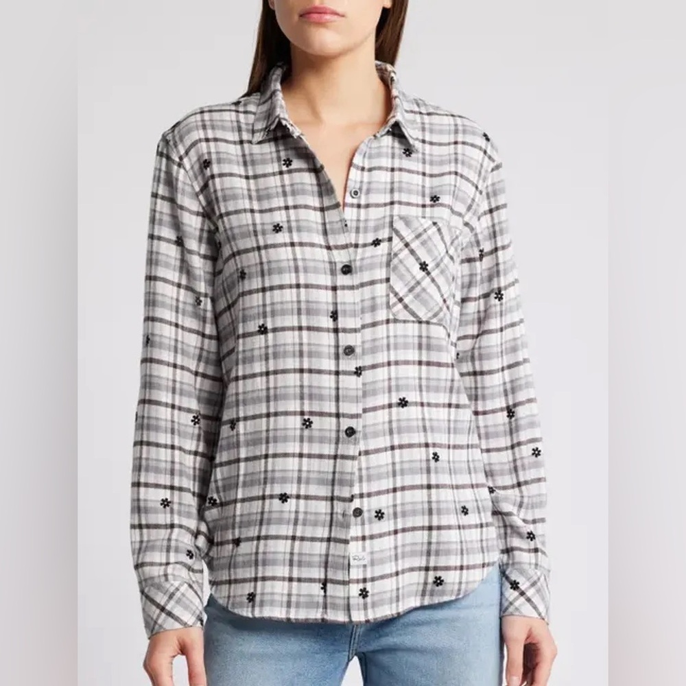 Rails women’s shirt size Small Milo Stone Flocked Daisies white Brown Plaid top